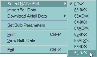 Menu to select NACA shape